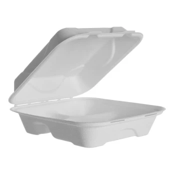 Eco-Products Vanguard 8" x 8" x 3" 3-Compartment Compostable Sugarcane Clamshell Container - 200/Case