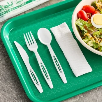 Stalk Market Wrapped Heavy Weight White CPLA Knife, Fork, Spoon, and Napkin 6 1/2" - 250/Case