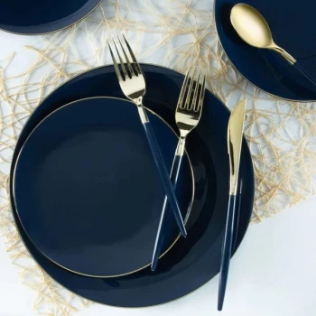 Posh Setting Organic 10 1/4" Navy Round Plastic Plate with Gold Band - 120/Case