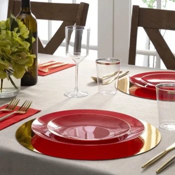 Posh Setting Organic 10 1/4" Red Round Plastic Plate with Gold Band - 120/Case