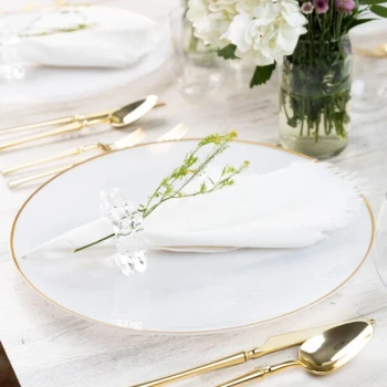 Posh Setting 13" Round Translucent White Plastic Hammered Charger Plate with Gold Coupe Rim - 48/Case