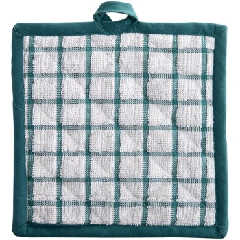 Oxford Kitchen Ensemble 7 1/2" x 7 1/2" White / Green Windowpane 100% Ringspun Cotton Pot Holder - 288/Case