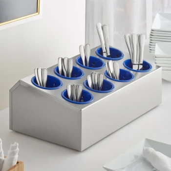 Choice Eight Hole Stainless Steel Flatware Organizer with Blue Perforated Plastic Cylinders