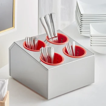 Choice Four Hole Stainless Steel Flatware Organizer with Red Perforated Plastic Cylinders