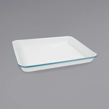 Crow Canyon Home V190TUR Vintage 11 1/4" x 8 3/4" White Rectangular Enamelware Tray with Turquoise Rolled Rim