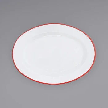 Crow Canyon Home V94RED Vintage 11 7/8" x 8 11/16" White Enamelware Oval Plate with Red Rolled Rim