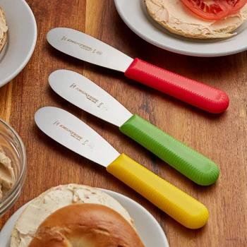 Dexter-Russell 18503 Sani-Safe 3-Pack 3 1/2" Smooth Sandwich Spreaders in Red, Yellow, and Green