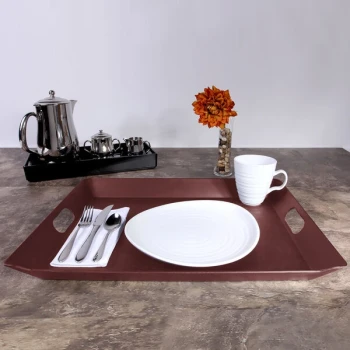 Elite Global Solutions At Your Service 20" x 15 1/2" Mahogany Woodgrain Finish Rectangular Melamine Room Service Tray with Handles