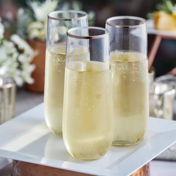Visions 9 oz. Clear Plastic Stemless Champagne Flute with Rose Gold / Copper Rim - 64/Case