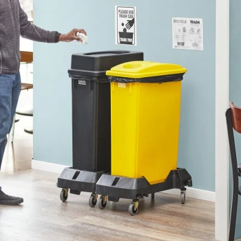Lavex 46 Gallon 2-Stream Slim Rectangular Mobile Recycle Station with Black Drop Shot and Yellow Bottle / Can Lids
