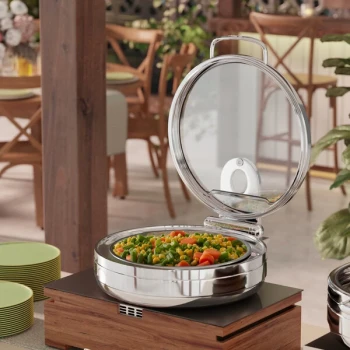 Acopa Manchester 6 Qt. Round Stainless Steel Induction Chafer with Glass Top and Soft Close Lid