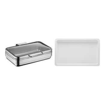 WMF Basic from BauscherHepp 8 Qt. Full Size Rectangular Stainless Steel Induction Chafing Dish and (3) Porcelain Inserts