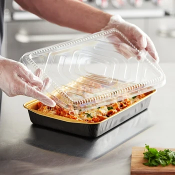 Choice Heavy Duty Smoothwall Black and Gold Extra Large Oblong Foil Entree / Take-Out Pan with Dome Lid 108 oz. - 5/Pack