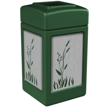Commercial Zone 733960 42 Gallon Green Square Trash Can with Stainless Steel Cattail Panels