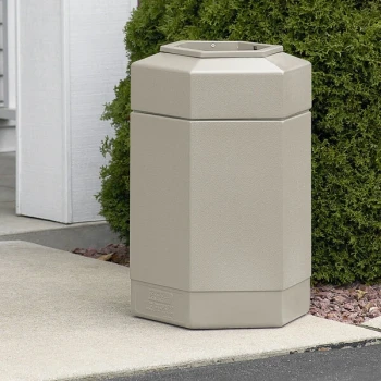 Commercial Zone 737102 PolyTec 30 Gallon Beige Hexagonal Trash Can with Open Top