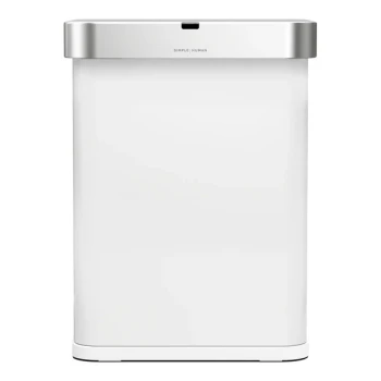 simplehuman ST2049 15.3 Gallon / 58 Liter White Stainless Steel Rectangular Sensor Trash Can with Voice and Motion Control and Liner Pocket