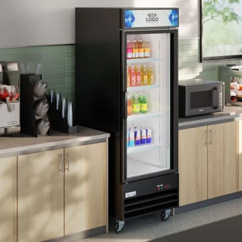 Avantco GDC-23-HC 28 3/8" Black Swing Glass Door Merchandiser Refrigerator with LED Lighting and Customizable Panel