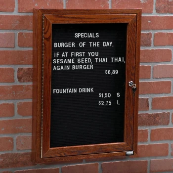 Aarco CDC2418 24" x 18" Enclosed Indoor Hinged Locking 1 Door Black Felt Message Board with Cherry Frame