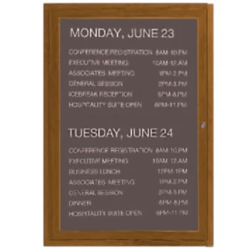 Aarco OADCO2418L 24" x 18" Enclosed Hinged Locking 1 Door Aluminum with Powder Coated Oak Finish Outdoor Directory Board with Black Vinyl Letter Board and 3/4" Letters