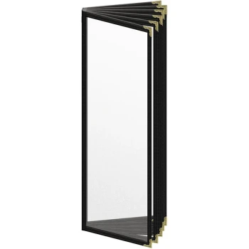 H. Risch, Inc. TE-12V Deluxe Sewn 4 1/4" x 14" Black 12 View Vinyl Menu Cover with Gold Decorative Corners and Matte Finish