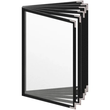 H. Risch, Inc. TE-12V Deluxe Sewn 5 1/2" x 8 1/2" Black 12 View Vinyl Menu Cover with Silver Smooth Corners and Matte Finish