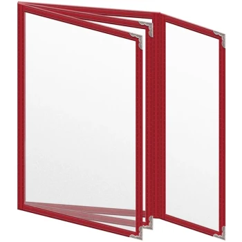 H. Risch, Inc. TETBQ Deluxe Sewn 5 1/2" x 8 1/2" Red 8 View Vinyl Menu Cover with Silver Decorative Corners and Matte Finish