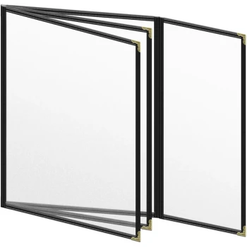 H. Risch, Inc. TETBQ Deluxe Sewn 8 1/2" x 11" Black 8 View Vinyl Menu Cover with Gold Decorative Corners and Matte Finish