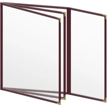 H. Risch, Inc. TETBQ Deluxe Sewn 8 1/2" x 11" Maroon 8 View Vinyl Menu Cover with Gold Decorative Corners and Matte Finish