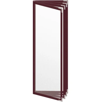 H. Risch, Inc. TEDD Deluxe Sewn 4 1/4" x 14" Maroon 8 View Menu Cover with Silver Smooth Corners and Matte Finish
