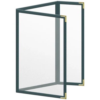 H. Risch, Inc. TEDQ Deluxe Sewn 5 1/2" x 8 1/2" Green 6 View Menu Cover with Gold Smooth Corners and Matte Finish