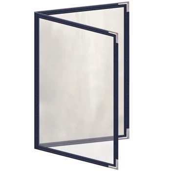 H. Risch, Inc. TED Deluxe Sewn 5 1/2" x 8 1/2" Blue 4 View Menu Cover with Silver Smooth Corners and Gloss Finish