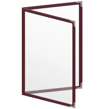H. Risch, Inc. TED Deluxe Sewn 5 1/2" x 8 1/2" Maroon 4 View Menu Cover with Silver Decorative Corners and Matte Finish
