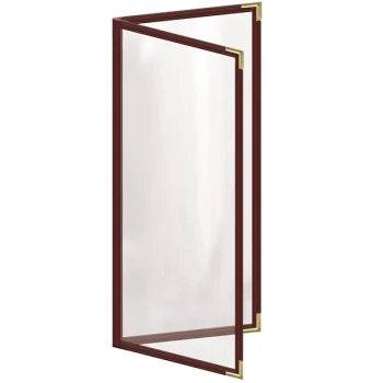 H. Risch, Inc. TED Deluxe Sewn 4 1/4" x 11" Maroon 4 View Menu Cover with Gold Smooth Corners and Gloss Finish
