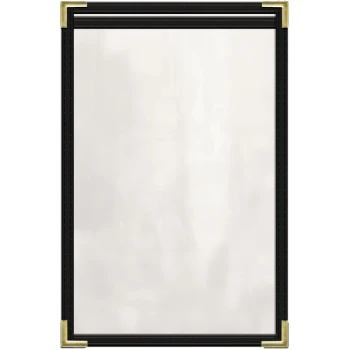 H. Risch, Inc. TES Deluxe Sewn 5 1/2" x 8 1/2" Black 2 View Vinyl Menu Cover with Gold Smooth Corners and Gloss Finish