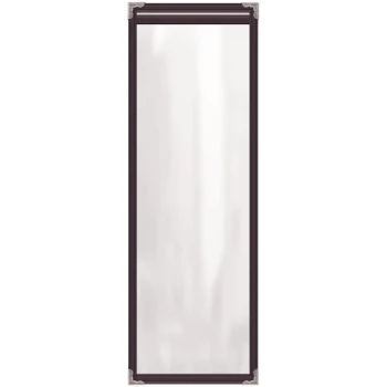 H. Risch, Inc. TES Deluxe Sewn 4 1/4" x 14" Brown 2 View Vinyl Menu Cover with Silver Decorative Corners and Gloss Finish