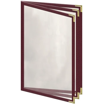 H. Risch, Inc. TETB Deluxe Sewn 5 1/2" x 8 1/2" Maroon 6 View Vinyl Menu Cover with Gold Smooth Corners and Gloss Finish
