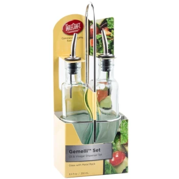 TableCraft H918N Gemelli 8.5 oz. Green Tinted Glass Oil and Vinegar Cruet Set with Chrome Rack
