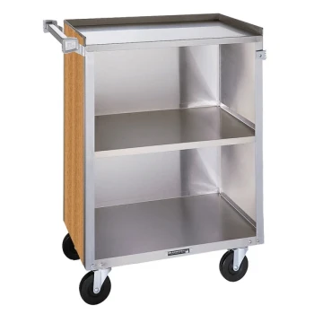 Lakeside 810LM 3 Shelf Medium Duty Stainless Steel Utility Cart with Enclosed Base and Light Maple Finish - 16 7/8" x 28 1/4" x 34 1/2"