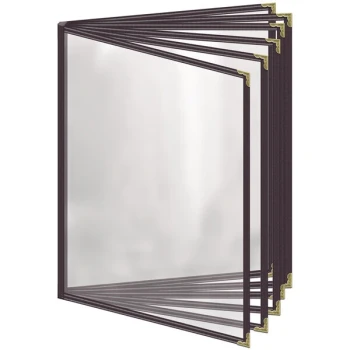 H. Risch, Inc. TE-12V Deluxe Sewn 8 1/2" x 11" Brown 12 View Vinyl Menu Cover with Gold Decorative Corners and Gloss Finish