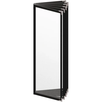 H. Risch, Inc. TE-12V Deluxe Sewn 4 1/4" x 14" Black 12 View Vinyl Menu Cover with Silver Decorative Corners and Matte Finish