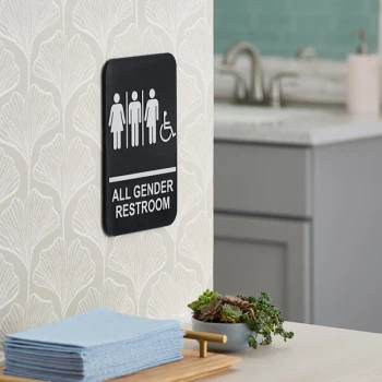 Lavex 9" x 6" Black / White Plastic All Gender Restroom Sign with Braille