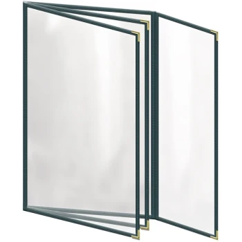 H. Risch, Inc. TETBQ Deluxe Sewn 8 1/2" x 14" Green 8 View Vinyl Menu Cover with Gold Smooth Corners and Gloss Finish
