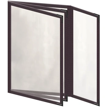H. Risch, Inc. TETBQ Deluxe Sewn 5 1/2" x 8 1/2" Brown 8 View Vinyl Menu Cover with Black Smooth Corners and Gloss Finish