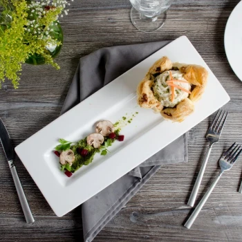 Bon Chef 5000017B Wide Rim 15" x 6" White Bone China Rectangular Plate - 10/Pack