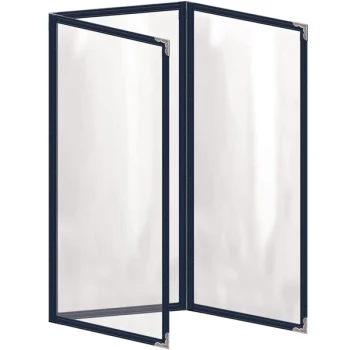H. Risch, Inc. TET Deluxe Sewn 4 1/4" x 11" Blue 6 View Foldout Vinyl Menu Cover With Silver Decorative Corners and Gloss Finish
