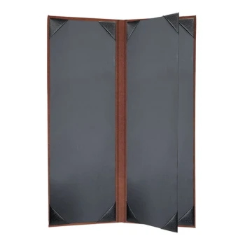 H. Risch, Inc. 4 1/4" x 14" Brown Tuxedo Leather Customizable 4 View Menu Cover with Picture Corners