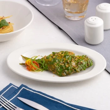 Ariane Prime 10 1/4" x 7" Warm White Oval Wide Rim Porcelain Platter - 12/Case
