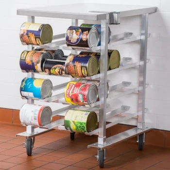 Regency Half-Size Mobile Aluminum Can Rack for #10 and #5 Cans with Stainless Steel Top and Mounted #1 Can Opener Base
