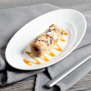 Bon Chef 1100006P Slanted Oval 8" x 4 3/4" White Porcelain Plate - 36/Case