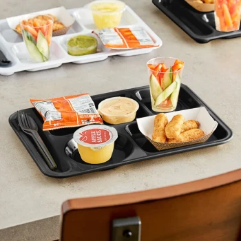 Choice 10" x 14" Left Handed Heavy-Duty Melamine NSF Black 6 Compartment Tray - 12/Pack
